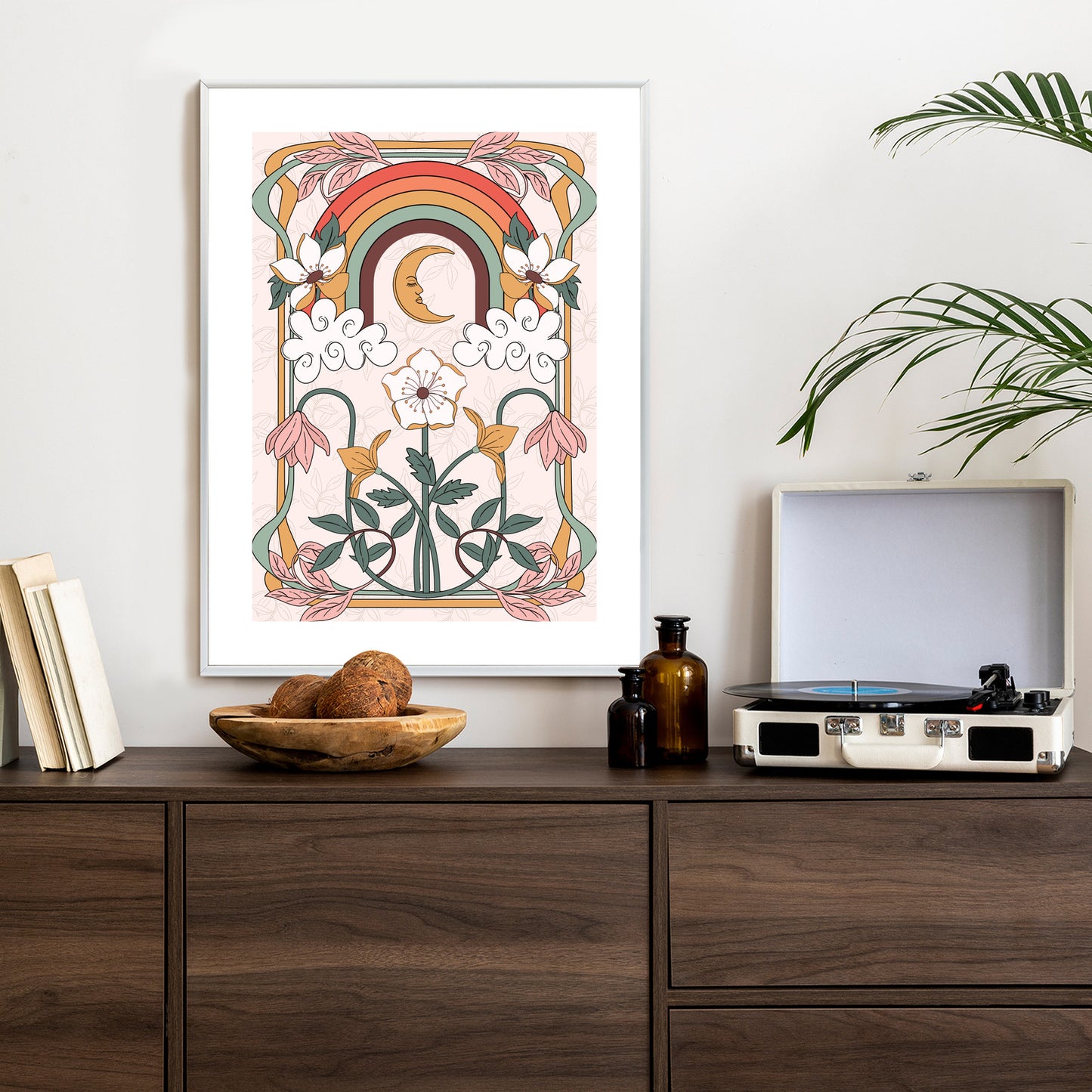 Poster Abstrakte Und Moderne Grafiken Mit Ornamenten Und Pflanzen Rahmen Holz Mit Passepartout Farbe Natürlich