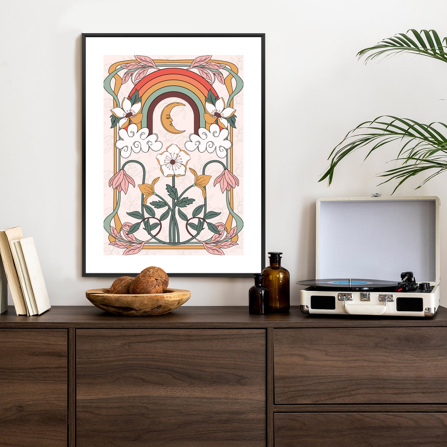 Poster Abstrakte Und Moderne Grafiken Mit Ornamenten Und Pflanzen Rahmen Holz Mit Passepartout Farbe Natürlich