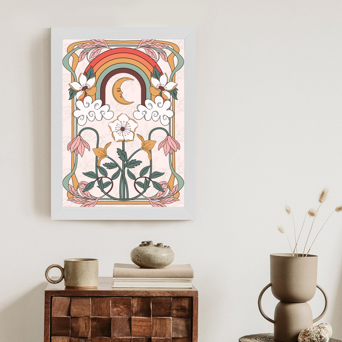 Poster Abstrakte Und Moderne Grafiken Mit Ornamenten Und Pflanzen Rahmen Holz Mit Passepartout Farbe Natürlich