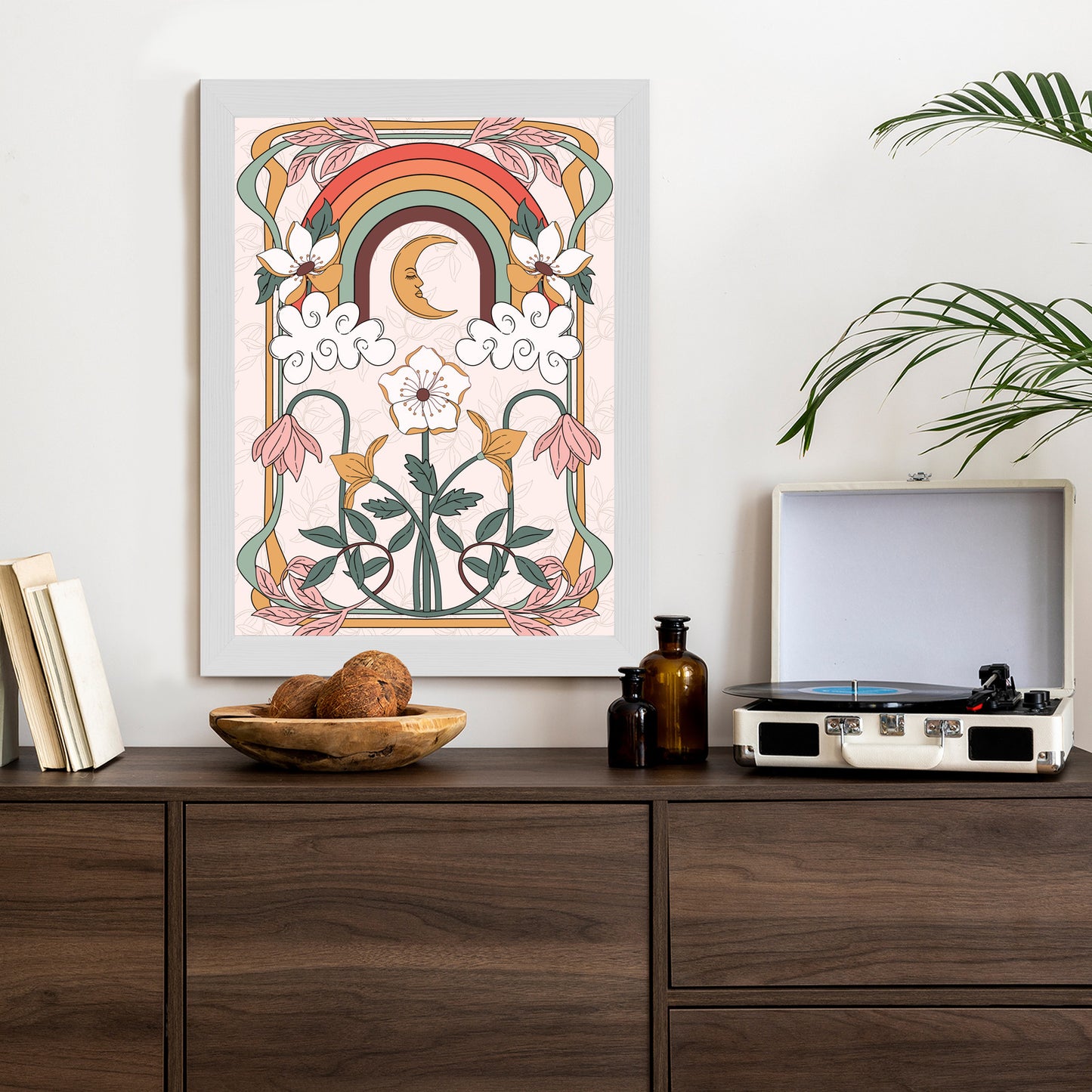 Poster Abstrakte Und Moderne Grafiken Mit Ornamenten Und Pflanzen Rahmen Holz Mit Passepartout Farbe Natürlich