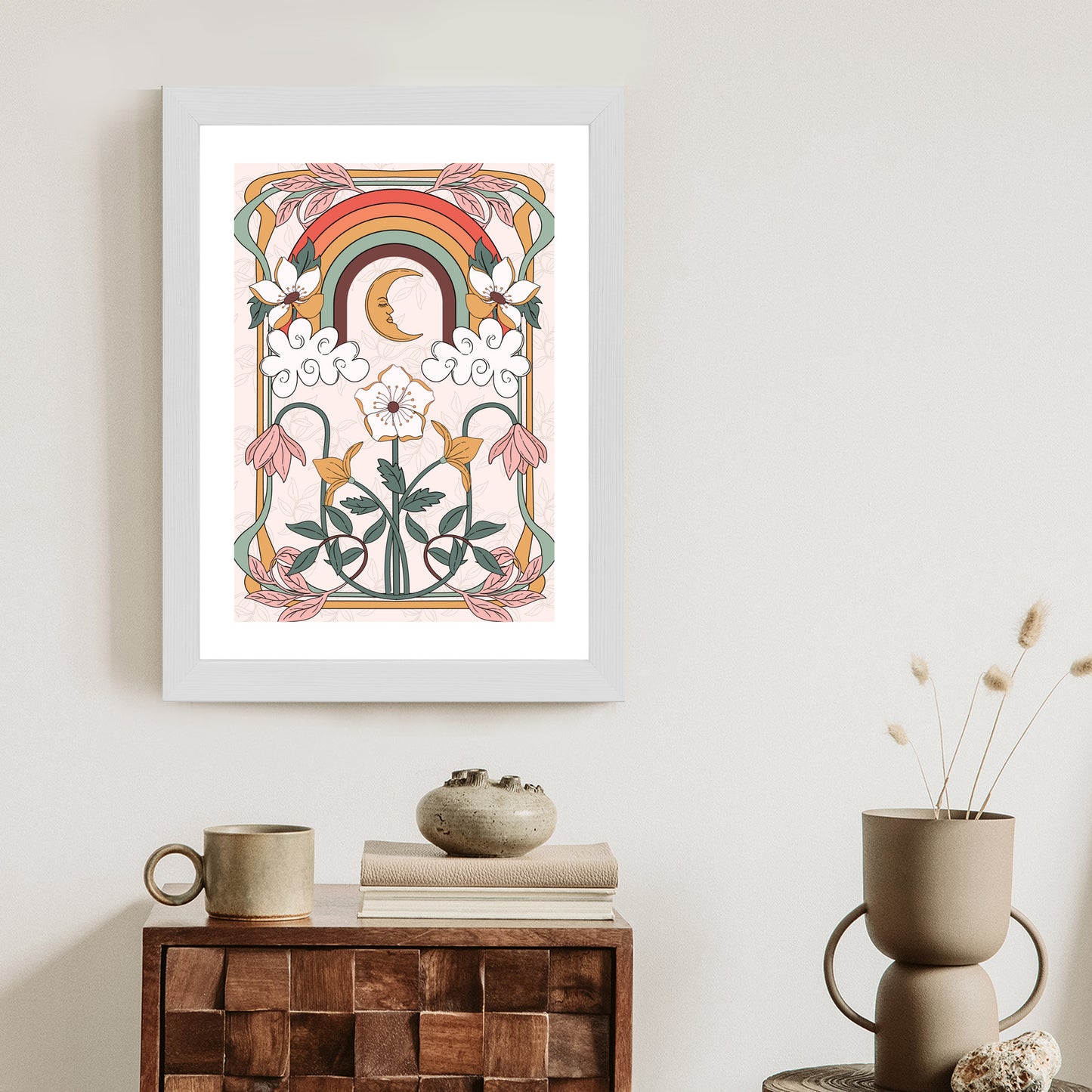 Poster Abstrakte Und Moderne Grafiken Mit Ornamenten Und Pflanzen Rahmen Holz Mit Passepartout Farbe Natürlich