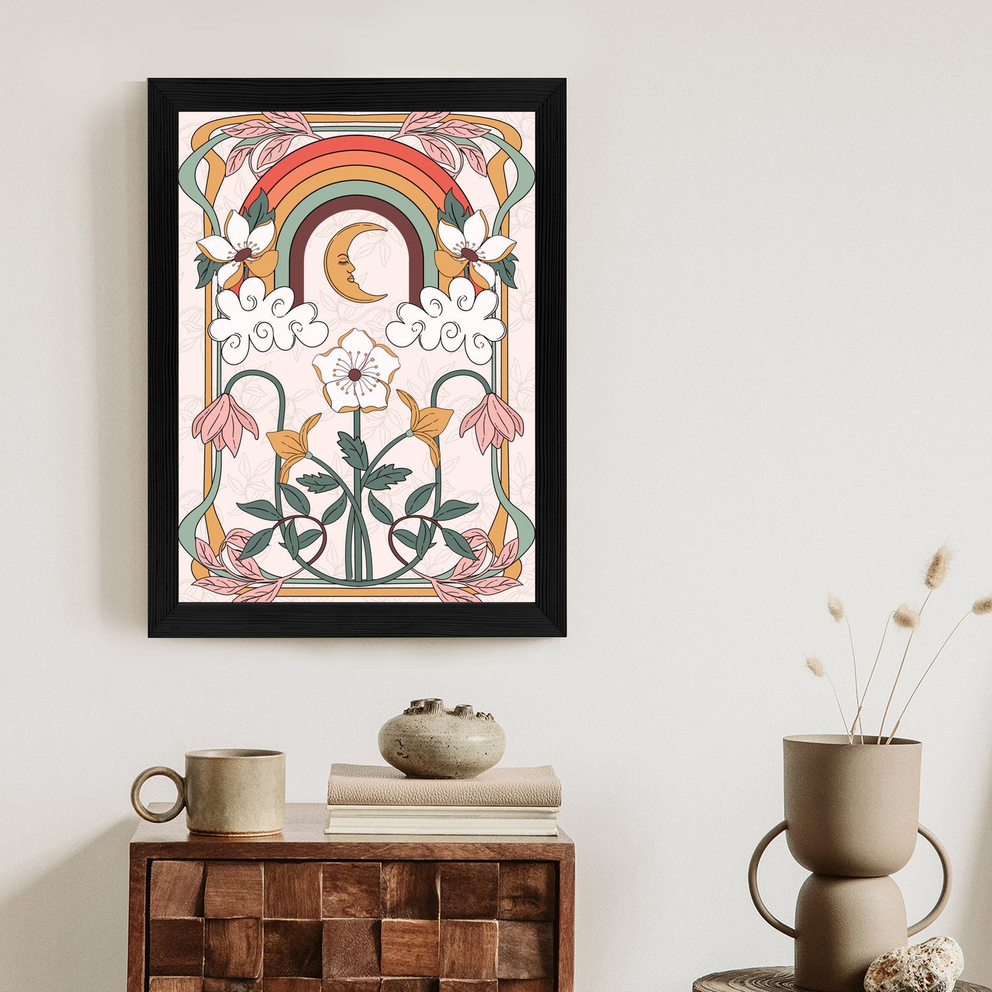 Poster Abstrakte Und Moderne Grafiken Mit Ornamenten Und Pflanzen Rahmen Holz Mit Passepartout Farbe Natürlich