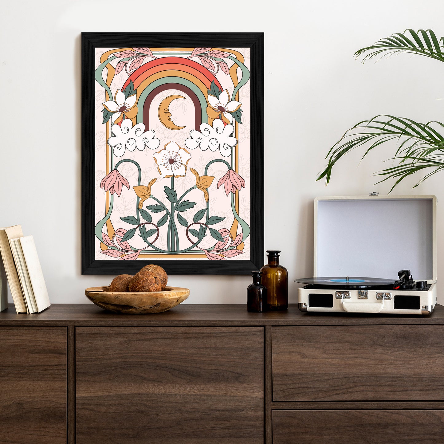 Poster Abstrakte Und Moderne Grafiken Mit Ornamenten Und Pflanzen Rahmen Holz Mit Passepartout Farbe Natürlich