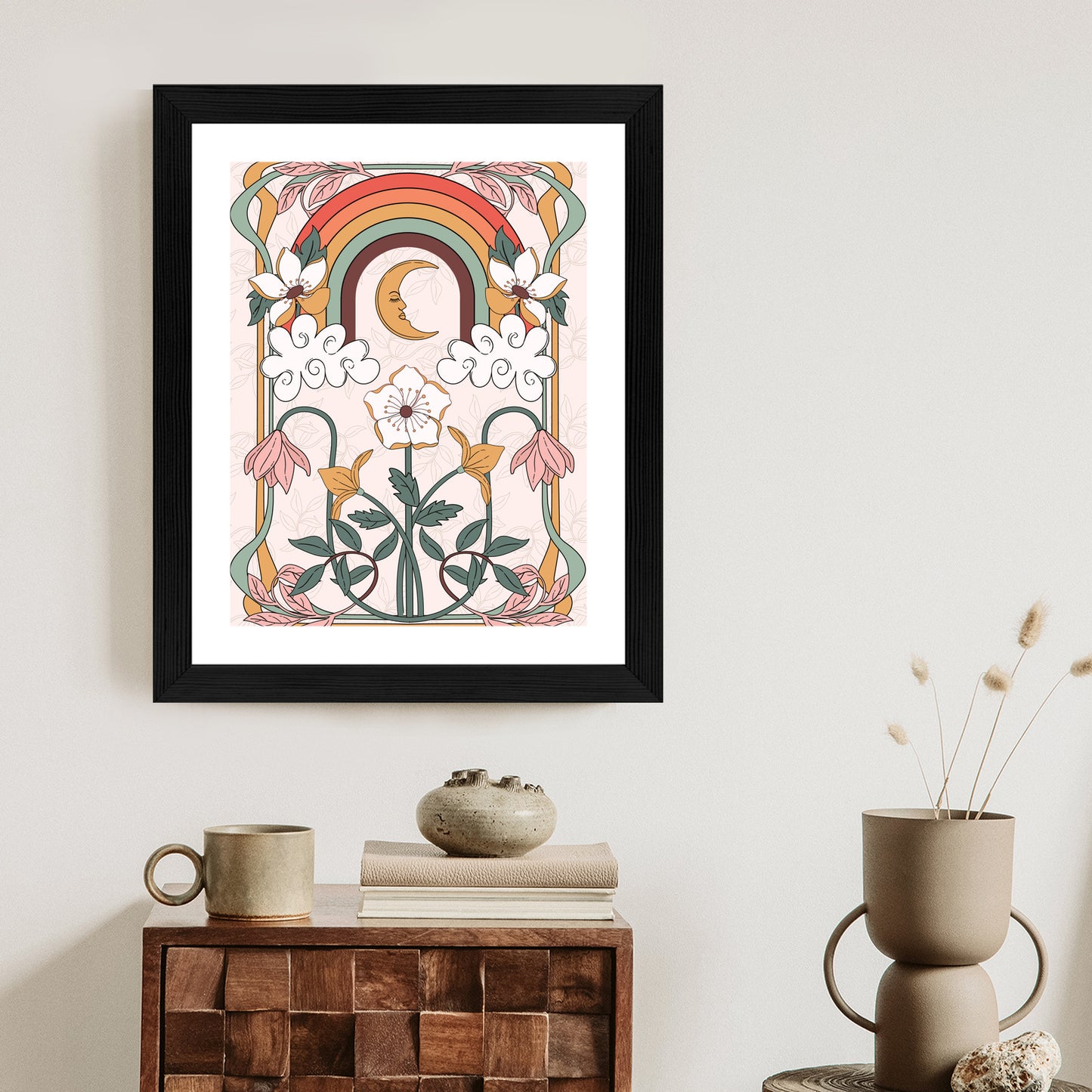 Poster Abstrakte Und Moderne Grafiken Mit Ornamenten Und Pflanzen Rahmen Holz Mit Passepartout Farbe Natürlich