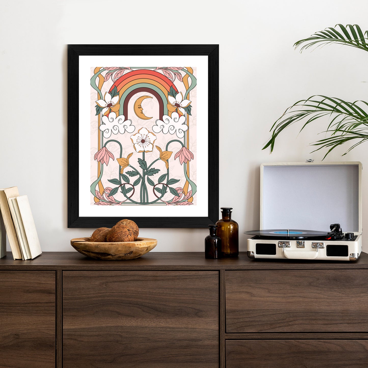 Poster Abstrakte Und Moderne Grafiken Mit Ornamenten Und Pflanzen Rahmen Holz Mit Passepartout Farbe Natürlich
