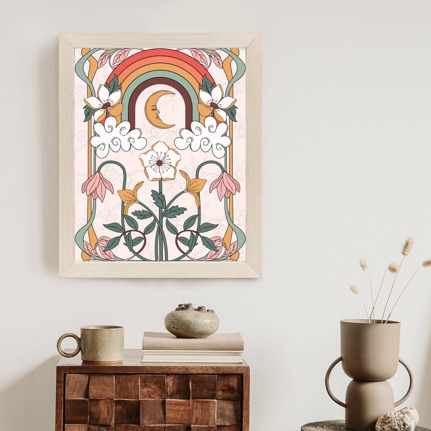 Poster Abstrakte Und Moderne Grafiken Mit Ornamenten Und Pflanzen Rahmen Holz Mit Passepartout Farbe Natürlich