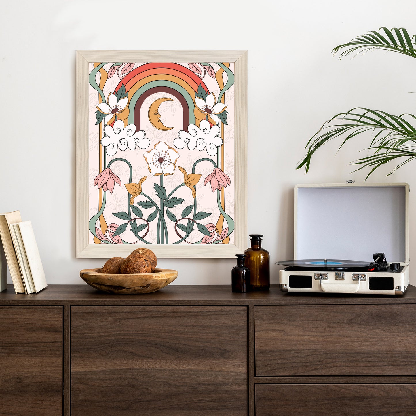 Poster Abstrakte Und Moderne Grafiken Mit Ornamenten Und Pflanzen Rahmen Holz Mit Passepartout Farbe Natürlich