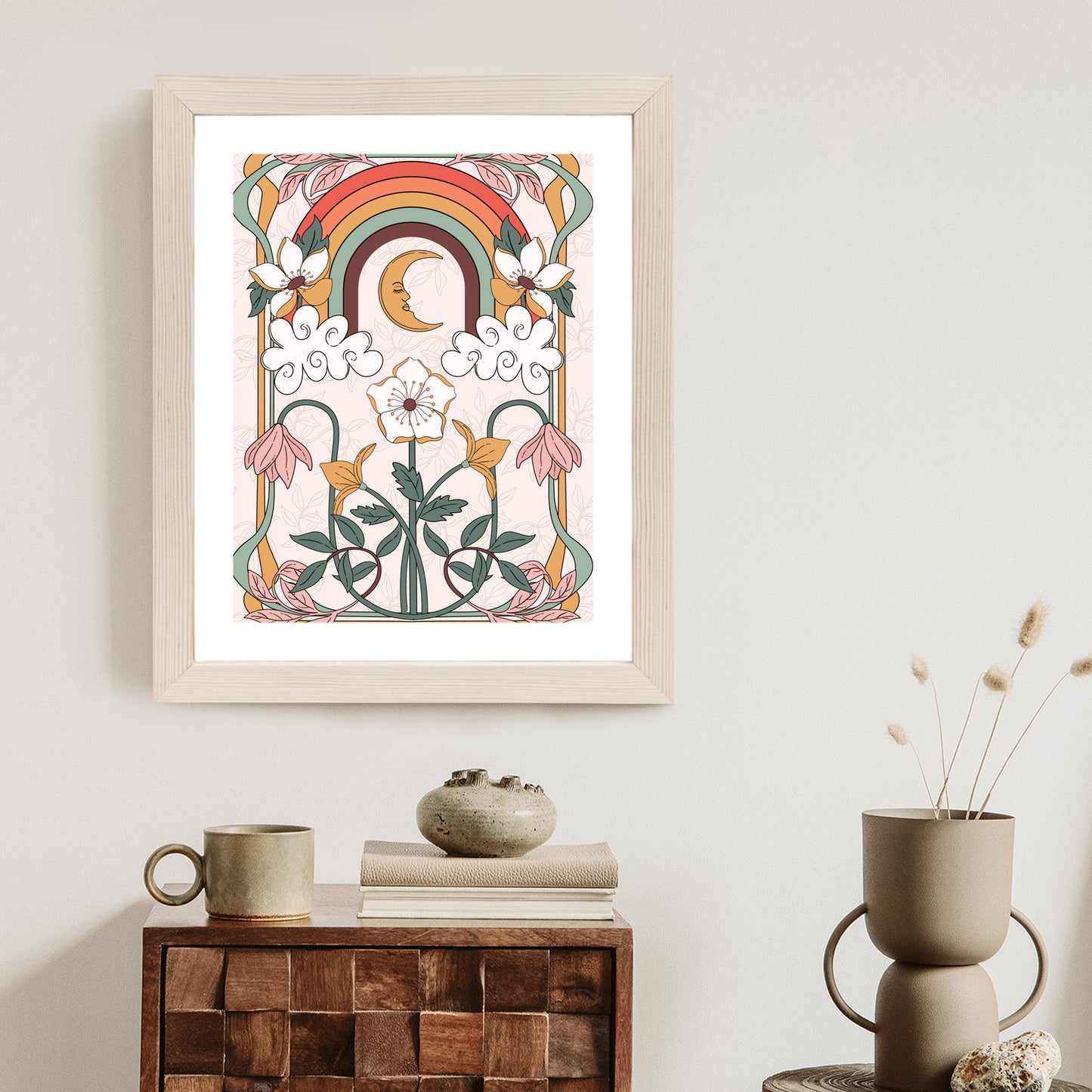 Poster Abstrakte Und Moderne Grafiken Mit Ornamenten Und Pflanzen Rahmen Holz Mit Passepartout Farbe Natürlich