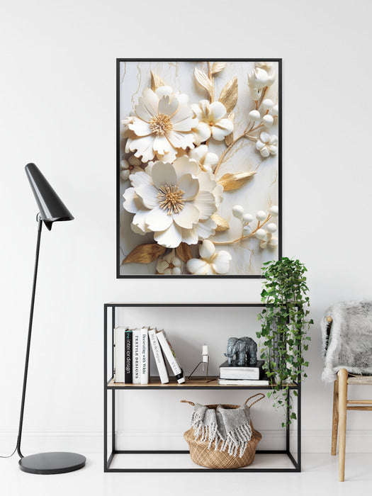 Poster Weiße Blumen Auf Einem Holztisch Rahmen Hölzern Farbe Natürlich