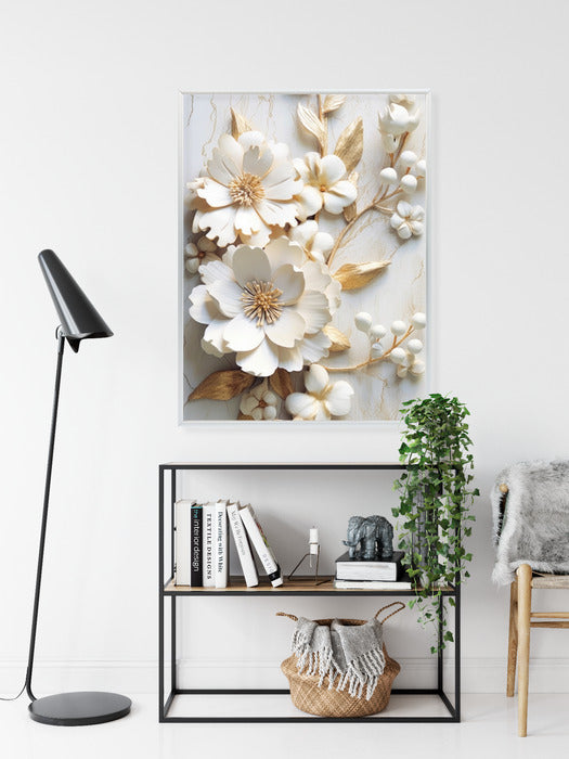 Poster Weiße Blumen Auf Einem Holztisch Rahmen Hölzern Farbe Natürlich