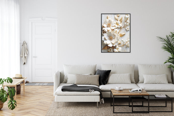 Poster Weiße Blumen Auf Einem Holztisch Rahmen Hölzern Farbe Natürlich