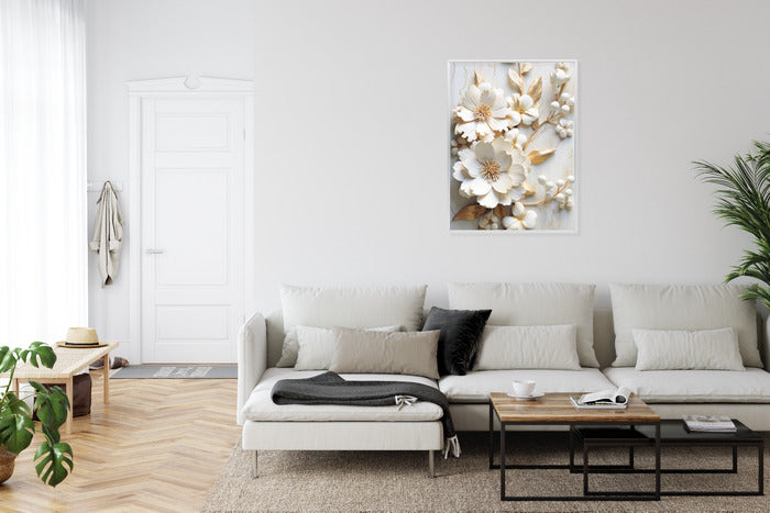 Poster Weiße Blumen Auf Einem Holztisch Rahmen Hölzern Farbe Natürlich