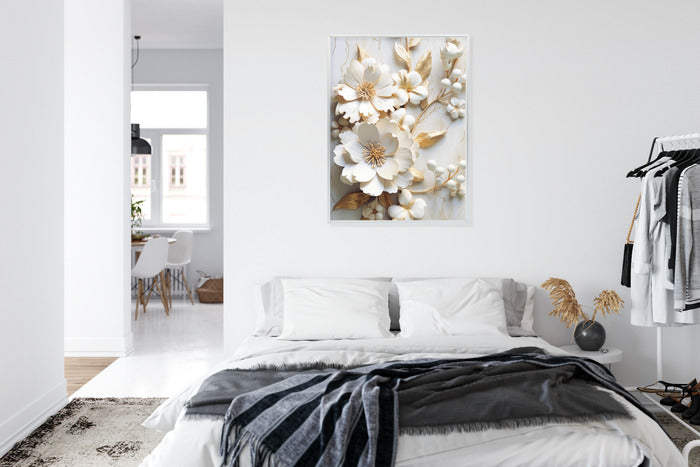 Poster Weiße Blumen Auf Einem Holztisch Rahmen Hölzern Farbe Natürlich