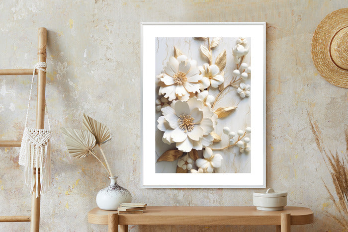 Poster Weiße Blumen Auf Einem Holztisch Rahmen Hölzern Farbe Natürlich