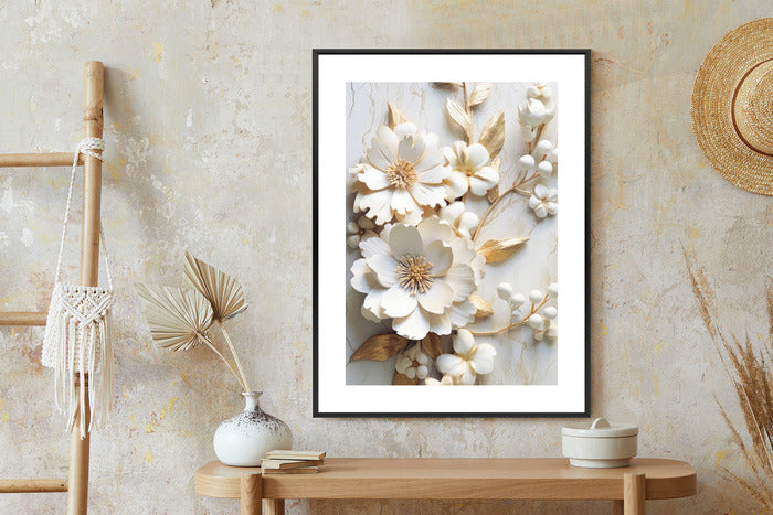 Poster Weiße Blumen Auf Einem Holztisch Rahmen Hölzern Farbe Natürlich