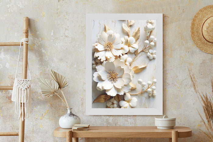 Poster Weiße Blumen Auf Einem Holztisch Rahmen Hölzern Farbe Natürlich