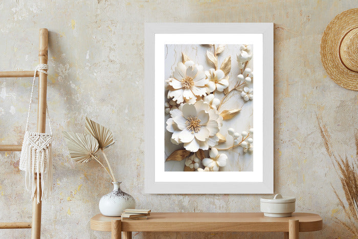 Poster Weiße Blumen Auf Einem Holztisch Rahmen Hölzern Farbe Natürlich