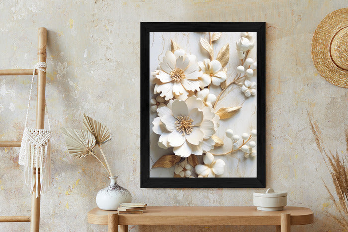 Poster Weiße Blumen Auf Einem Holztisch Rahmen Hölzern Farbe Natürlich