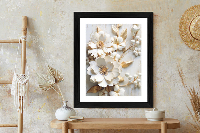 Poster Weiße Blumen Auf Einem Holztisch Rahmen Hölzern Farbe Natürlich