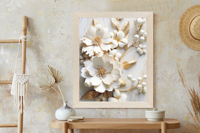 Poster Weiße Blumen Auf Einem Holztisch Rahmen Hölzern Farbe Natürlich