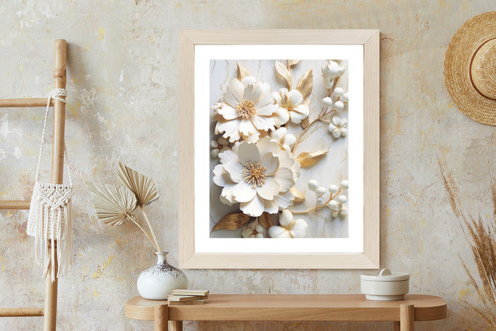 Poster Weiße Blumen Auf Einem Holztisch Rahmen Hölzern Farbe Natürlich
