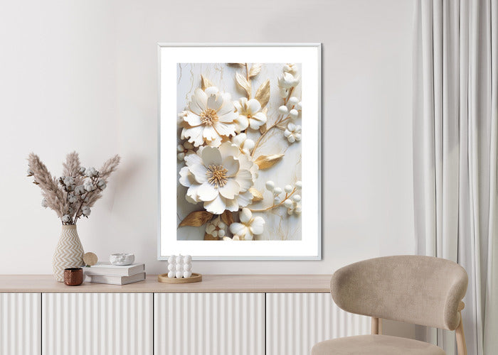 Poster Weiße Blumen Auf Einem Holztisch Rahmen Hölzern Farbe Natürlich