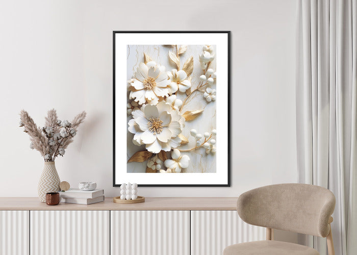 Poster Weiße Blumen Auf Einem Holztisch Rahmen Hölzern Farbe Natürlich