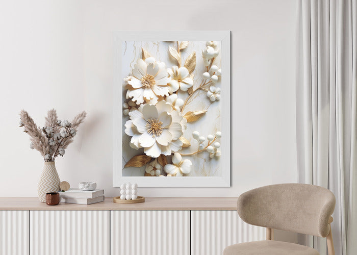Poster Weiße Blumen Auf Einem Holztisch Rahmen Hölzern Farbe Natürlich