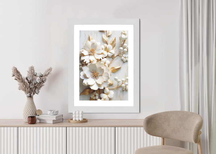 Poster Weiße Blumen Auf Einem Holztisch Rahmen Hölzern Farbe Natürlich