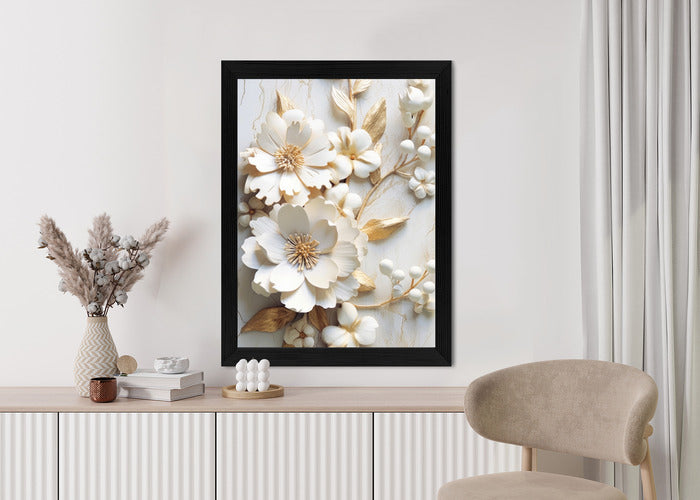 Poster Weiße Blumen Auf Einem Holztisch Rahmen Hölzern Farbe Natürlich