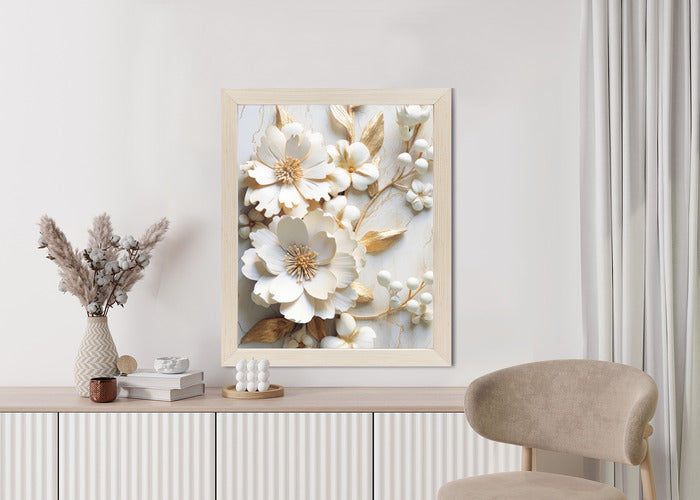 Poster Weiße Blumen Auf Einem Holztisch Rahmen Hölzern Farbe Natürlich