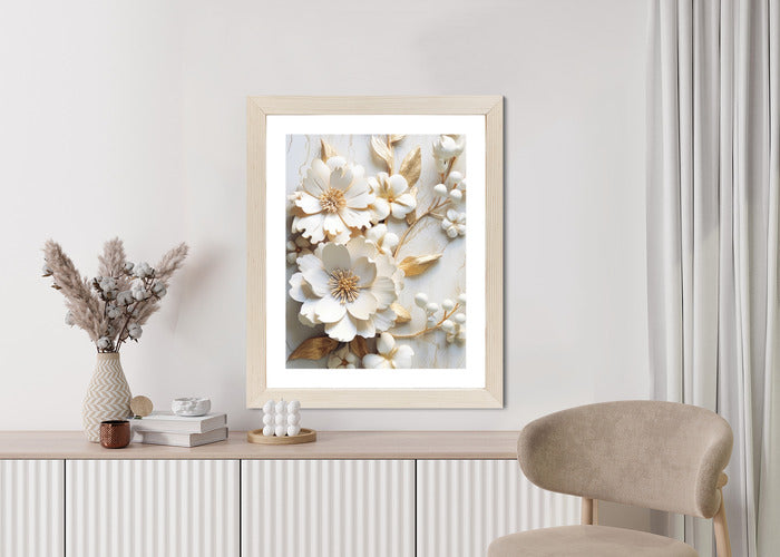 Poster Weiße Blumen Auf Einem Holztisch Rahmen Hölzern Farbe Natürlich