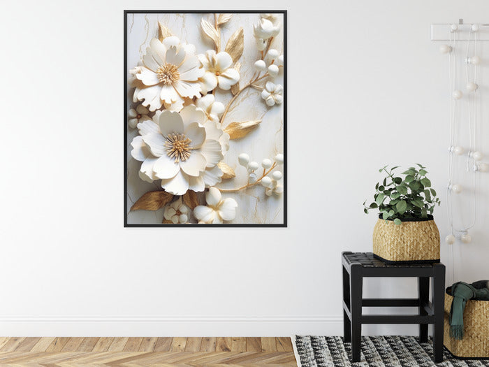 Poster Weiße Blumen Auf Einem Holztisch Rahmen Hölzern Farbe Natürlich