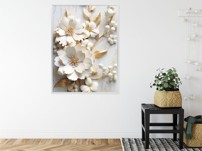Poster Weiße Blumen Auf Einem Holztisch Rahmen Hölzern Farbe Natürlich