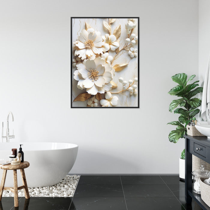 Poster Weiße Blumen Auf Einem Holztisch Rahmen Hölzern Farbe Natürlich