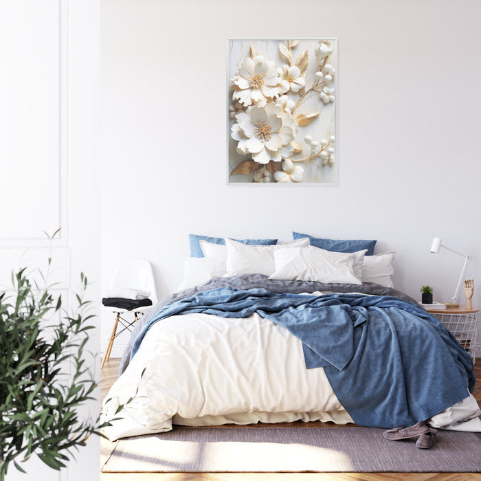 Poster Weiße Blumen Auf Einem Holztisch Rahmen Hölzern Farbe Natürlich