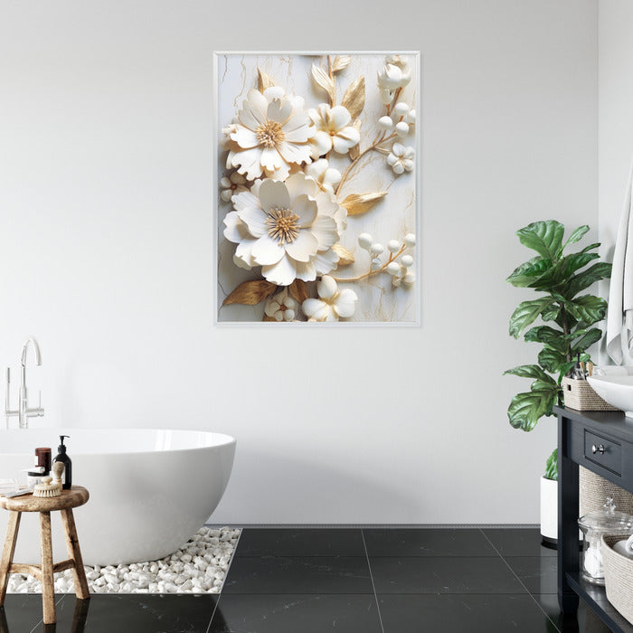 Poster Weiße Blumen Auf Einem Holztisch Rahmen Hölzern Farbe Natürlich