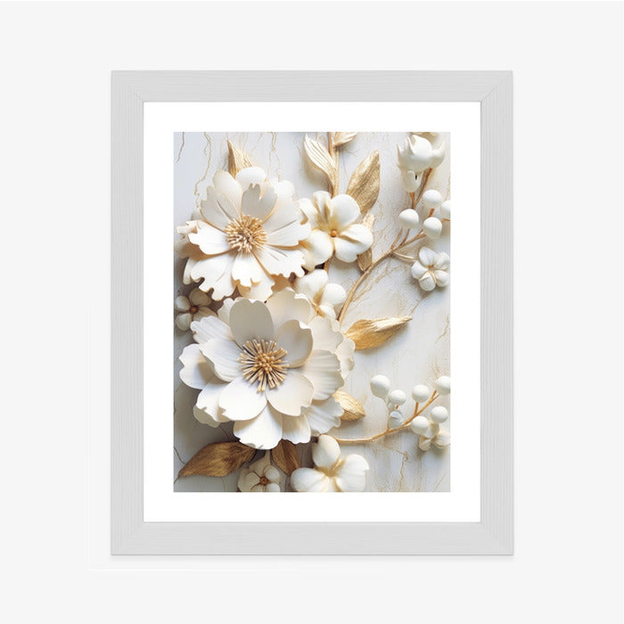 Poster Weiße Blumen Auf Einem Holztisch Rahmen Hölzern Farbe Natürlich