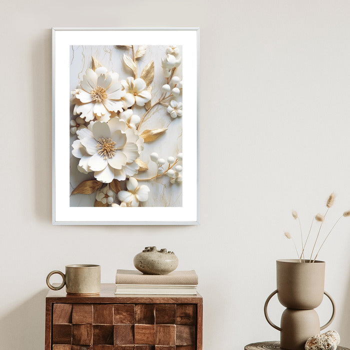 Poster Weiße Blumen Auf Einem Holztisch Rahmen Hölzern Farbe Natürlich