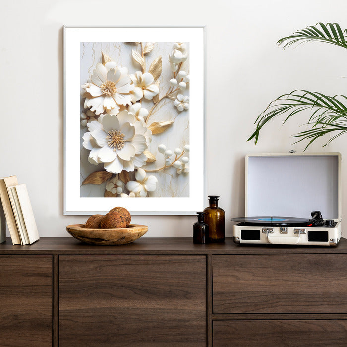 Poster Weiße Blumen Auf Einem Holztisch Rahmen Hölzern Farbe Natürlich