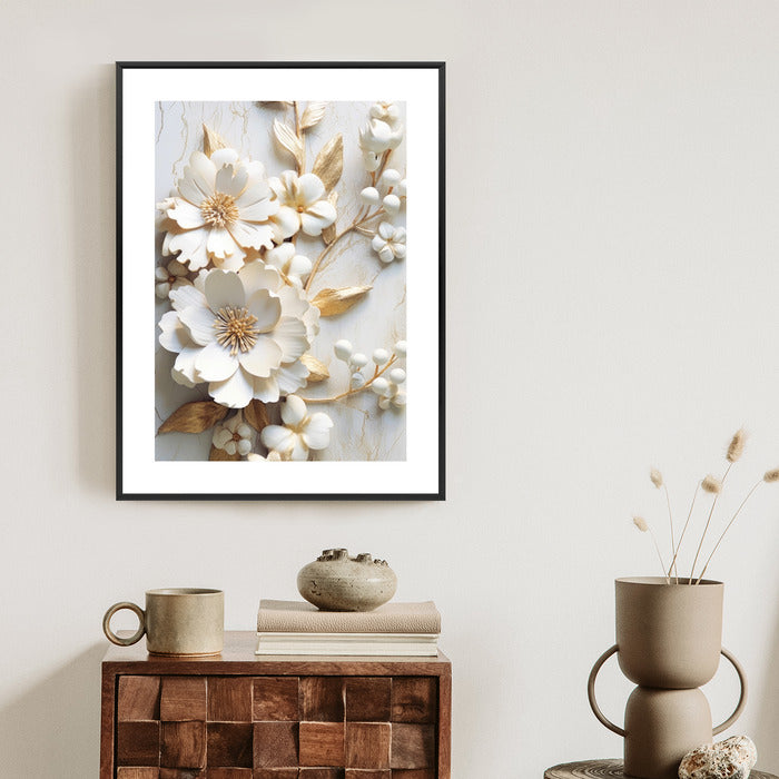 Poster Weiße Blumen Auf Einem Holztisch Rahmen Hölzern Farbe Natürlich