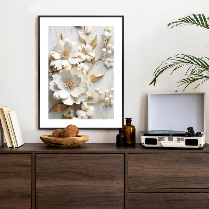 Poster Weiße Blumen Auf Einem Holztisch Rahmen Hölzern Farbe Natürlich