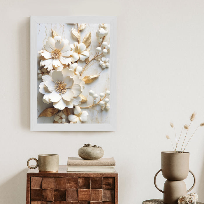Poster Weiße Blumen Auf Einem Holztisch Rahmen Hölzern Farbe Natürlich