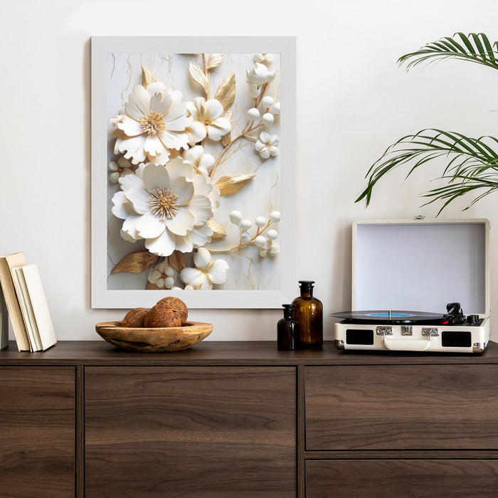 Poster Weiße Blumen Auf Einem Holztisch Rahmen Hölzern Farbe Natürlich