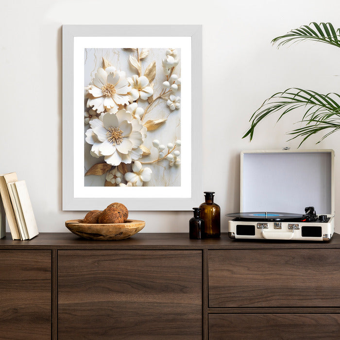 Poster Weiße Blumen Auf Einem Holztisch Rahmen Hölzern Farbe Natürlich