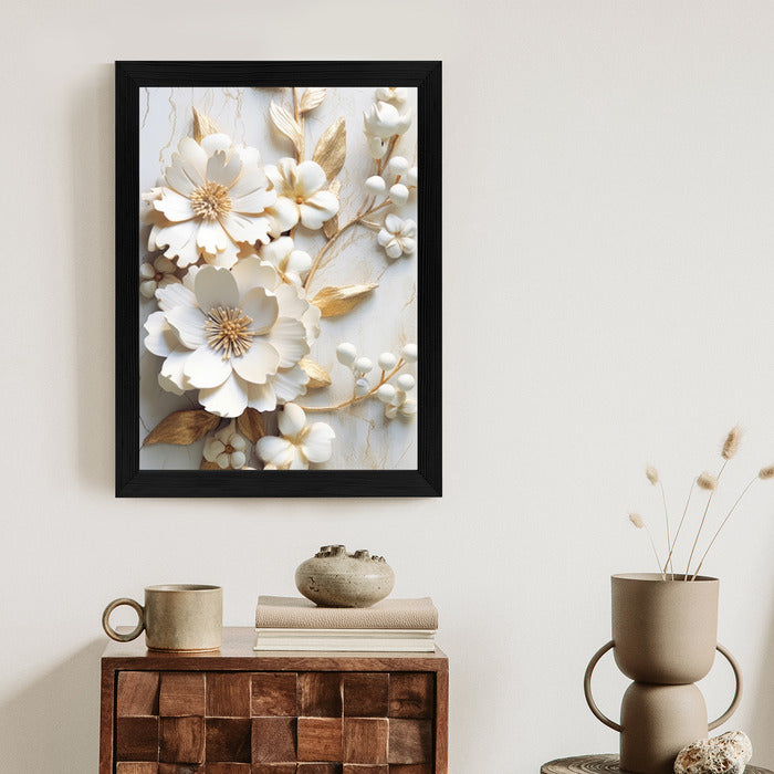Poster Weiße Blumen Auf Einem Holztisch Rahmen Hölzern Farbe Natürlich