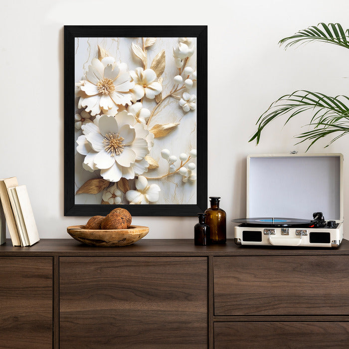 Poster Weiße Blumen Auf Einem Holztisch Rahmen Hölzern Farbe Natürlich