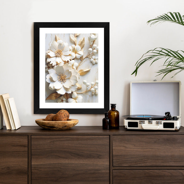 Poster Weiße Blumen Auf Einem Holztisch Rahmen Hölzern Farbe Natürlich