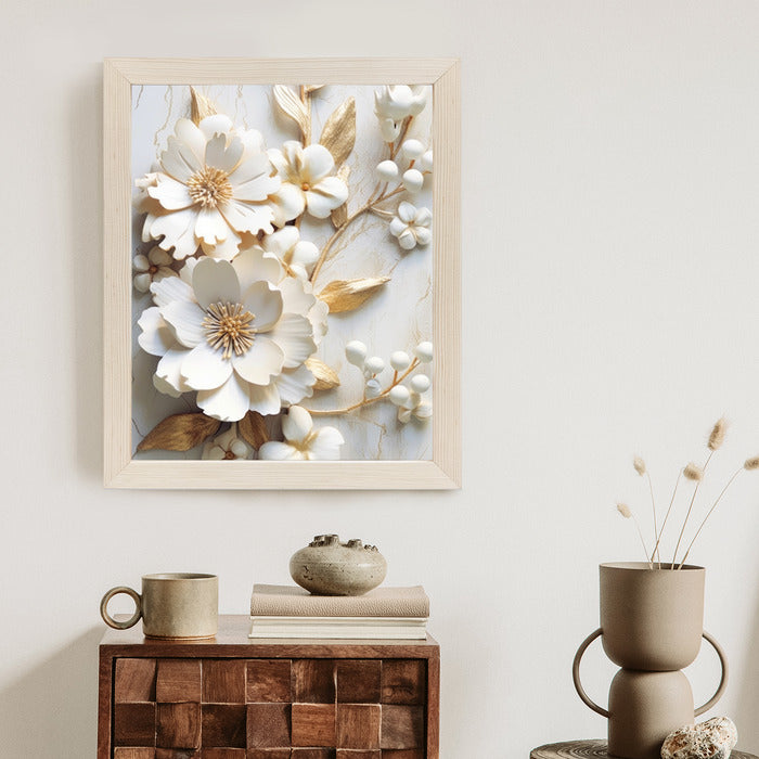 Poster Weiße Blumen Auf Einem Holztisch Rahmen Hölzern Farbe Natürlich