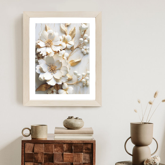 Poster Weiße Blumen Auf Einem Holztisch Rahmen Hölzern Farbe Natürlich